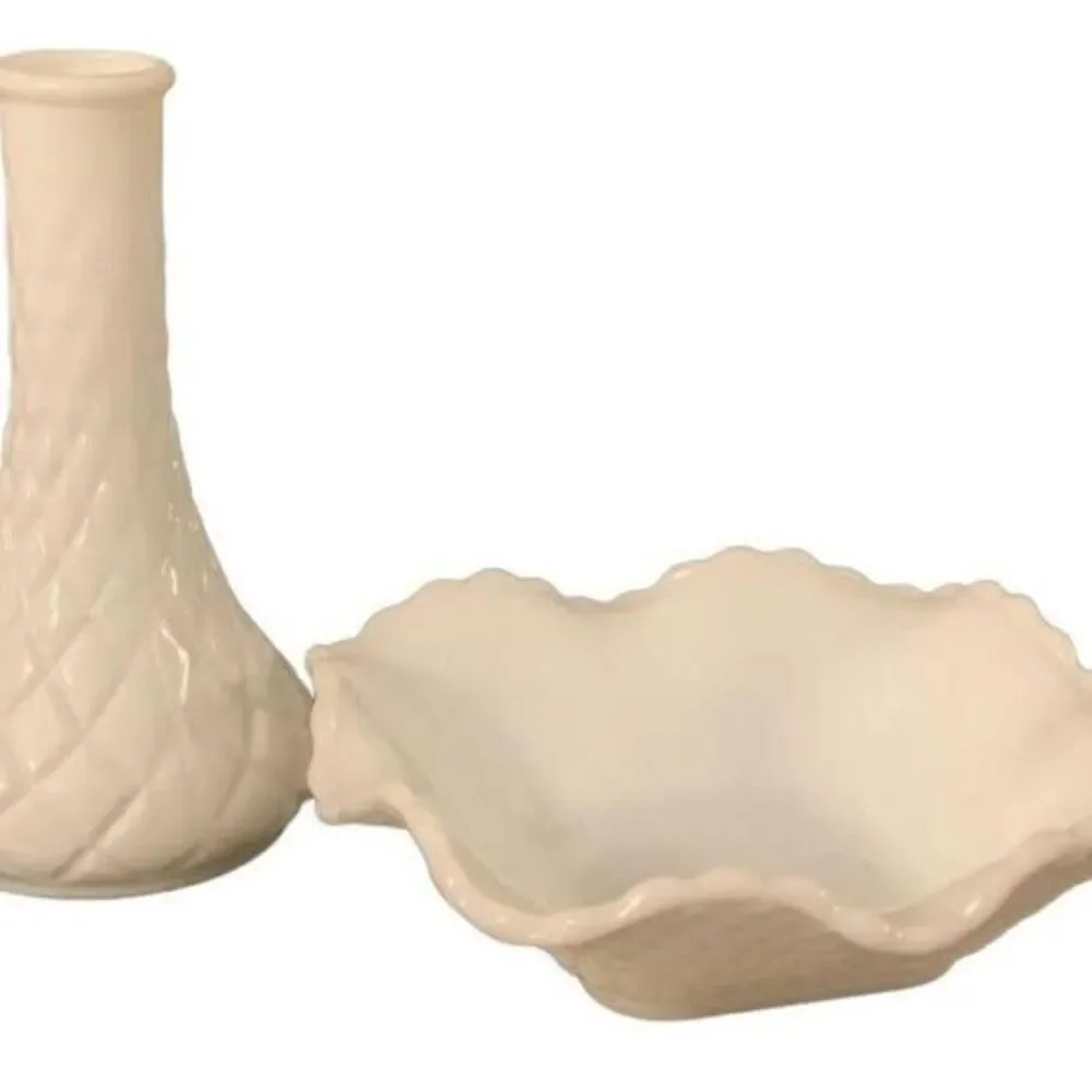 Vintage Mid-Century Milk Glass Vase & Bowl, Quilted Diamond | Set of 2 Items